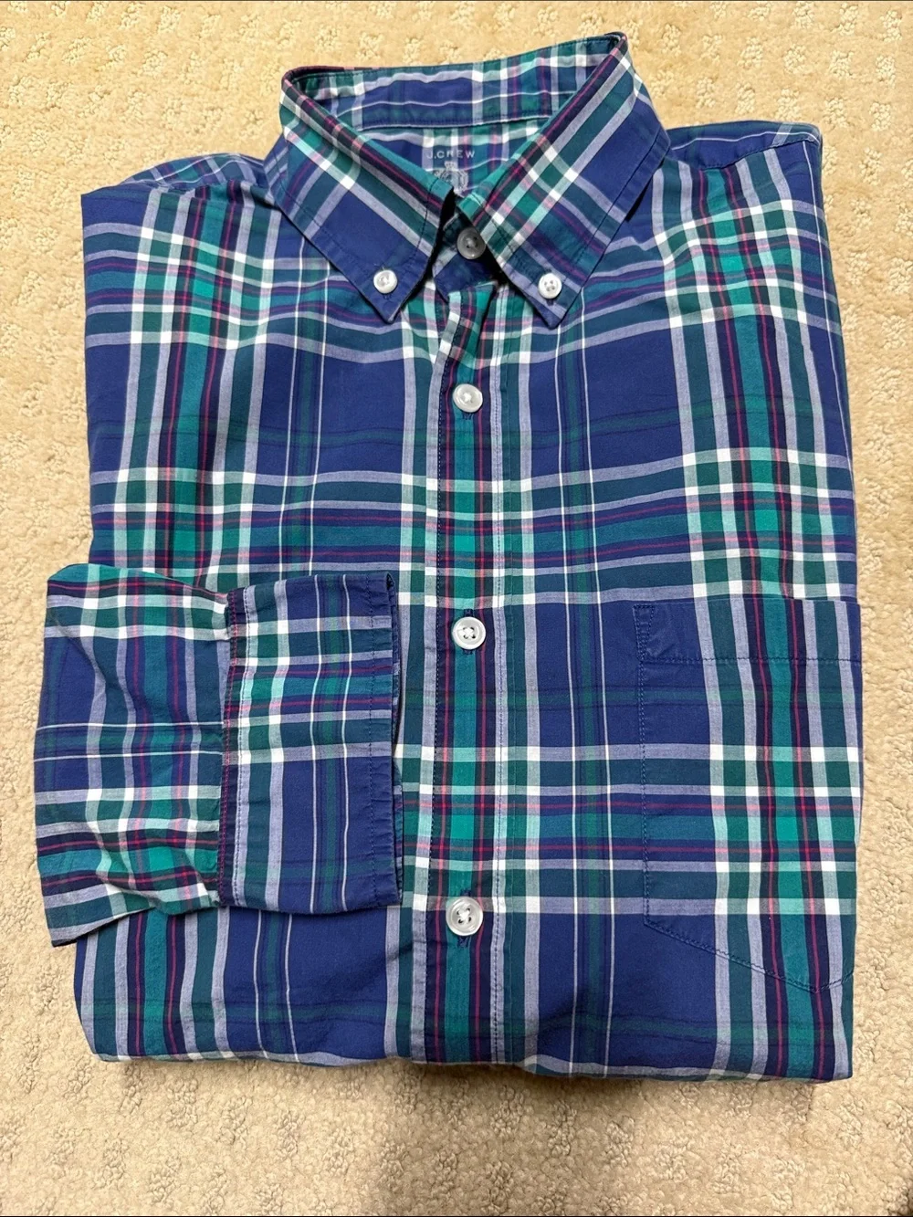 J. Crew Navy Plaid Button-Down Shirt with Green & White Stripes